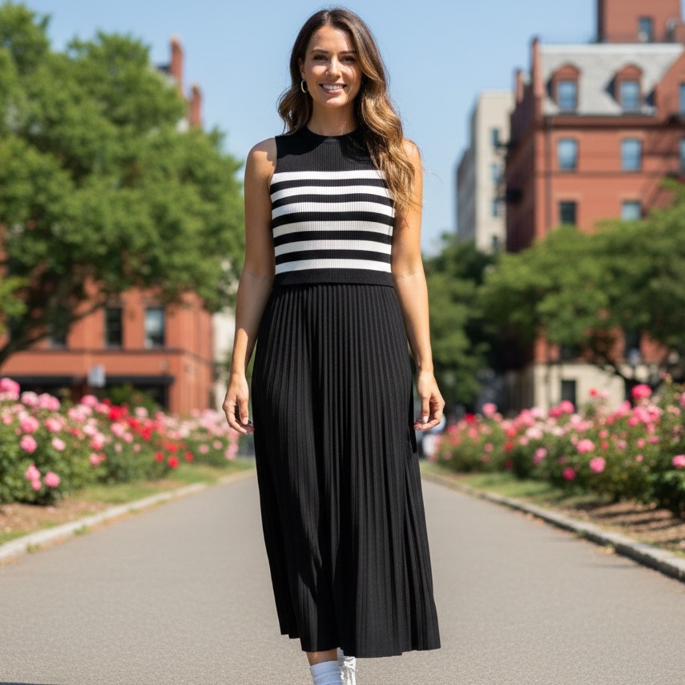 Lucky Brand Sz S Knit Satin Strip Black White Maxi Dress